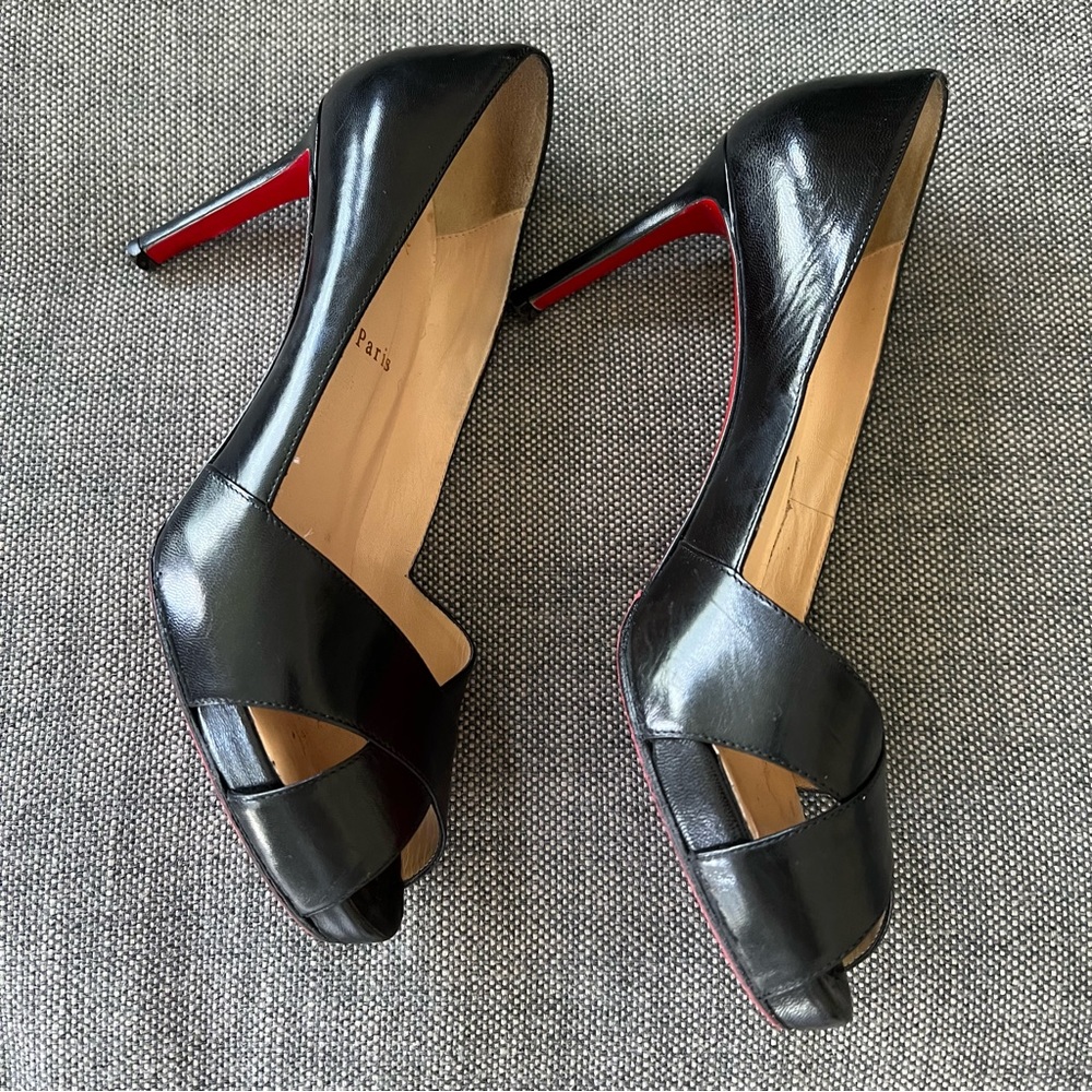 Black Peep-Toe High Heels with Red Soles
